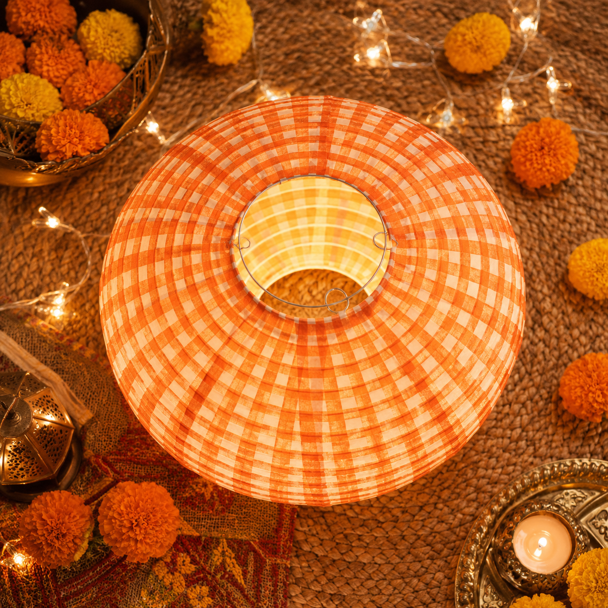 Red Chequered Gingham Pattern Lanterns - 12 inches