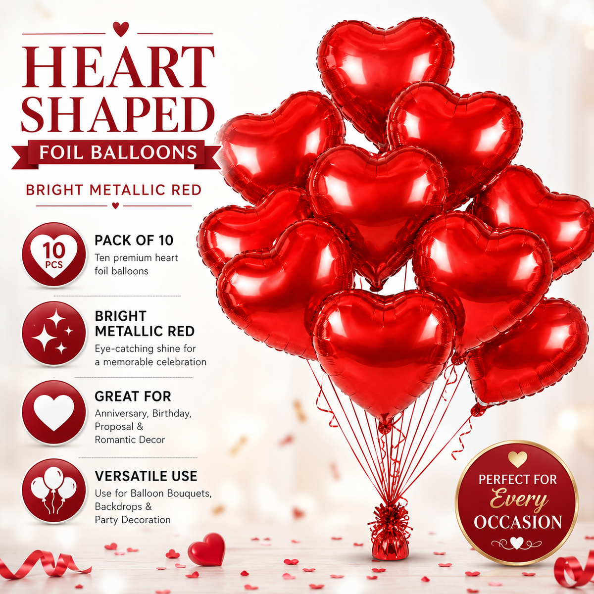 Red Heart Shaped Helium Quality Balloons - 10PC | 18 inches