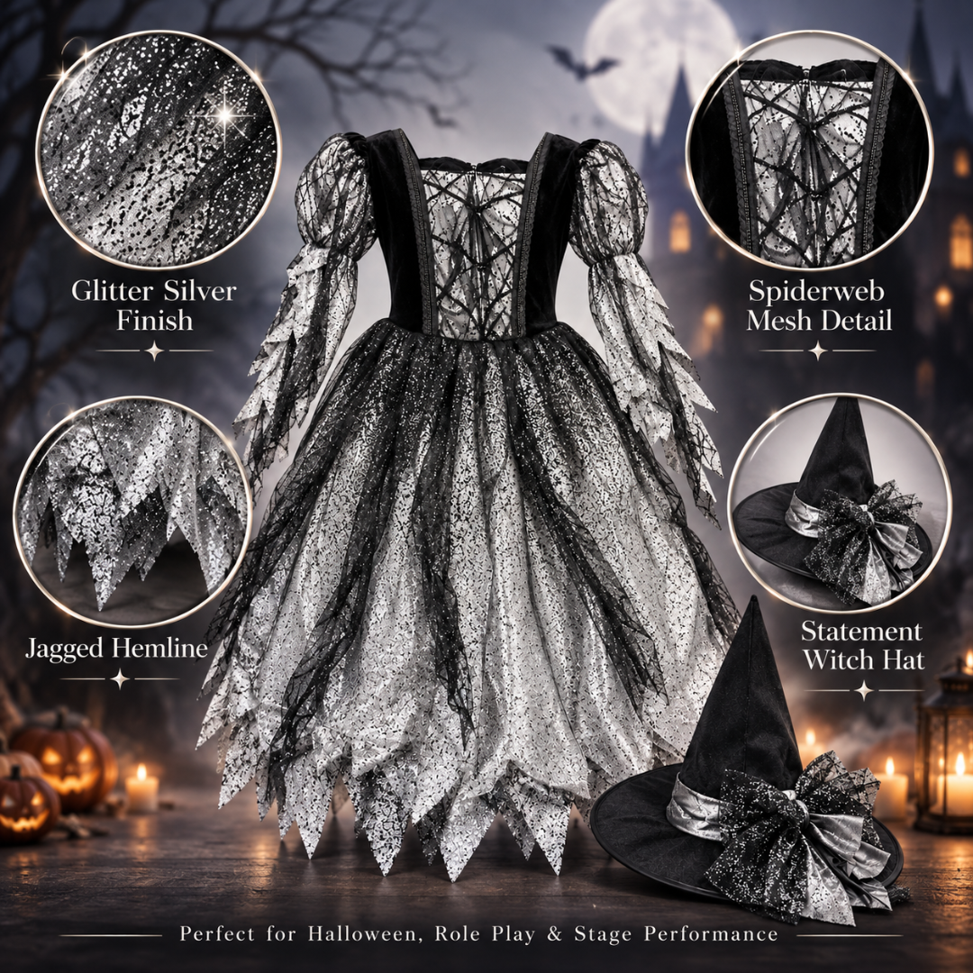 Silver Witch Costume with Hat - Size XL - Age 10 to 12