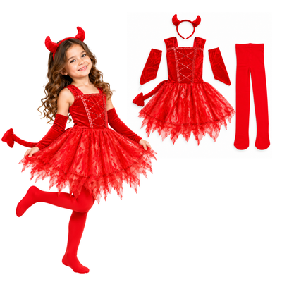 Fiery Devil Red Dress Costume for Girls with Horn Headband, Attached Tail, Arm Warmers & Footed Tights | Kids Halloween Fancy Dress Outfit - Size L - Age 7 to 9