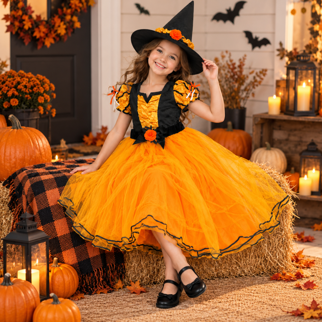 Witch Costume Orange with Hat - Size M - Age 5 to 7