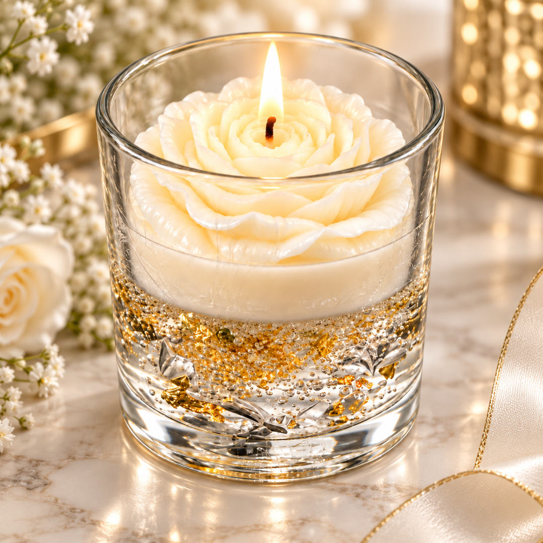White & Gold Glass Jar Candle with Rose Flower Design | Decorative Floral Candle with Gold Flake Detail for Home Décor & Gifting