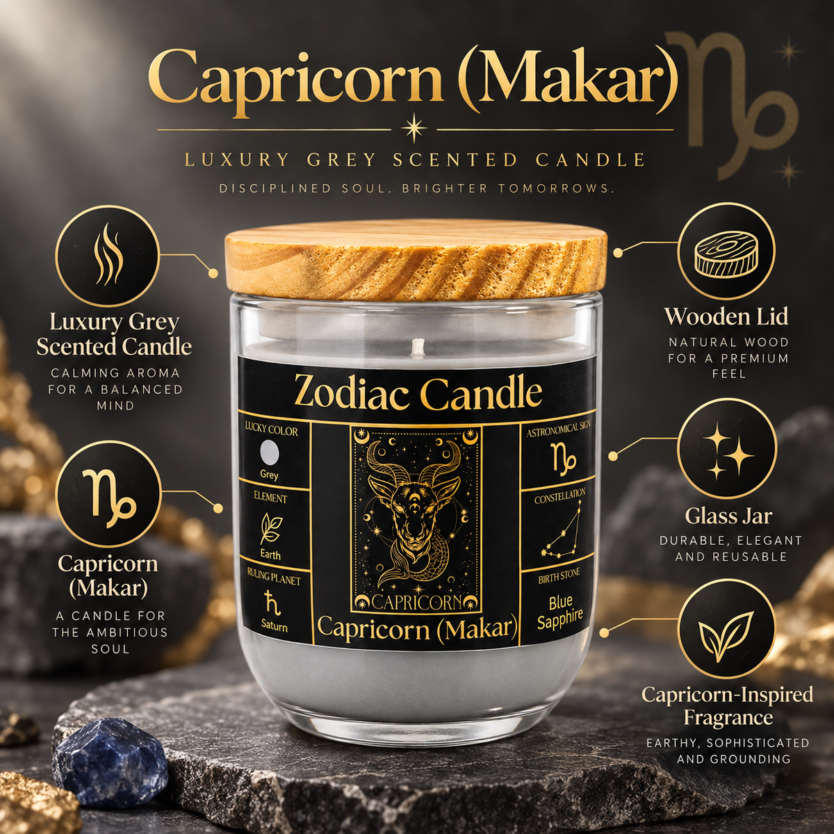 Capricorn Zodiac Candle (Makar Rashi) | Luxury Grey Scented Astrology Candle with Capricorn-Inspired Fragrance in Glass Jar