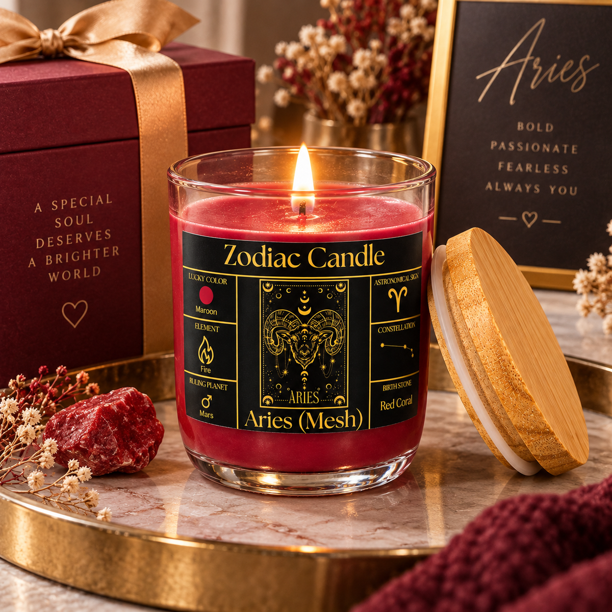 Aries Zodiac Candle (Mesh Rashi) | Luxury Maroon Scented Astrology Candle with Aries-Inspired Fragrance in Glass Jar