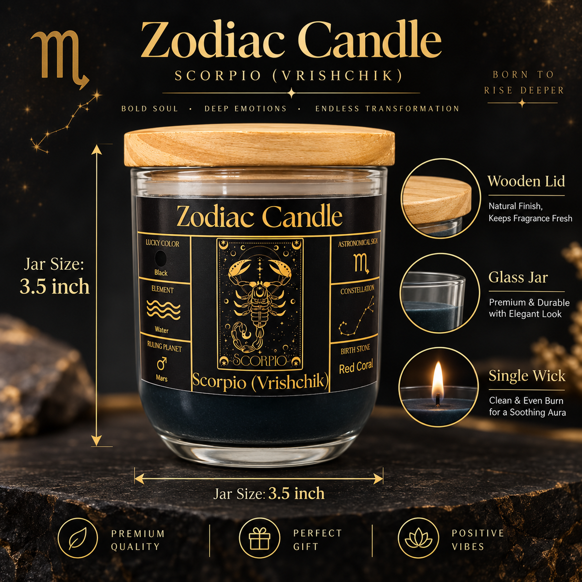 Scorpio Zodiac Candle (Vrishchik Rashi) | Luxury Black Scented Astrology Candle with Scorpio-Inspired Fragrance in Glass Jar