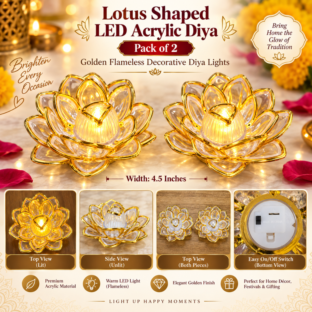 Golden Lotus Shaped LED Acrylic Diya - Pack of 2 | Flameless Decorative Lights for Diwali, Pooja, Rangoli & Home Décor