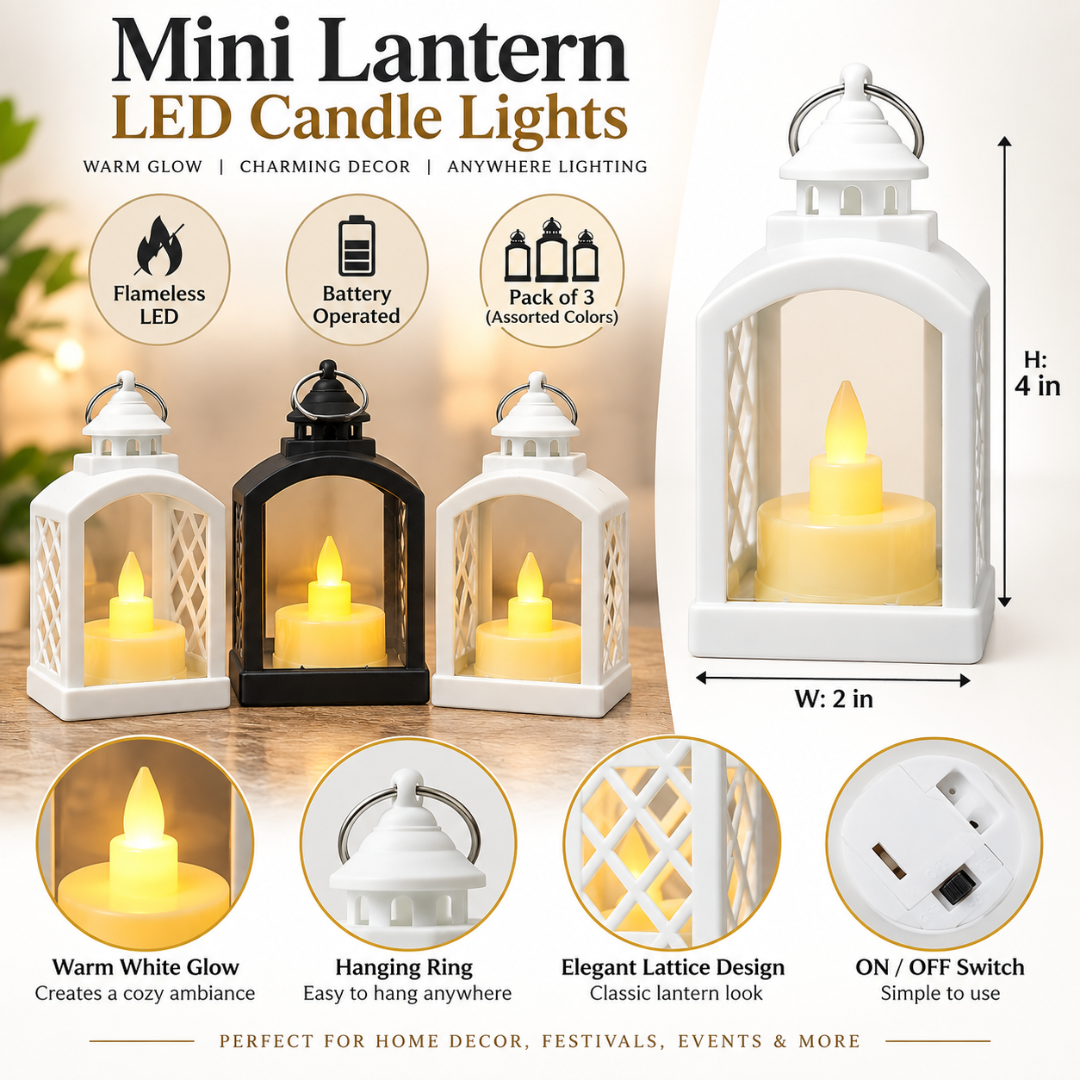 Mini LED Lantern Shaped Candle Lights - Pack of 3 | White & Black Flameless Decorative Lanterns for Home, Table & Party Décor