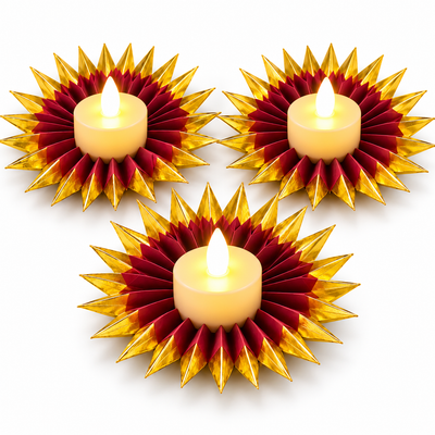 Red & Gold LED Diya Holder Fan with LED Diyas - 6PC