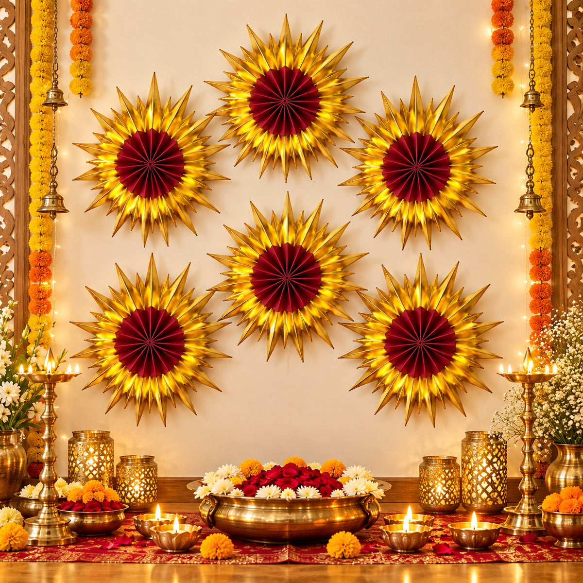 Red & Golden Paper Fan Decorations – Pack of 6 | Festive Hanging Wall Decor for Diwali, Weddings, Birthday Parties & Celebrations