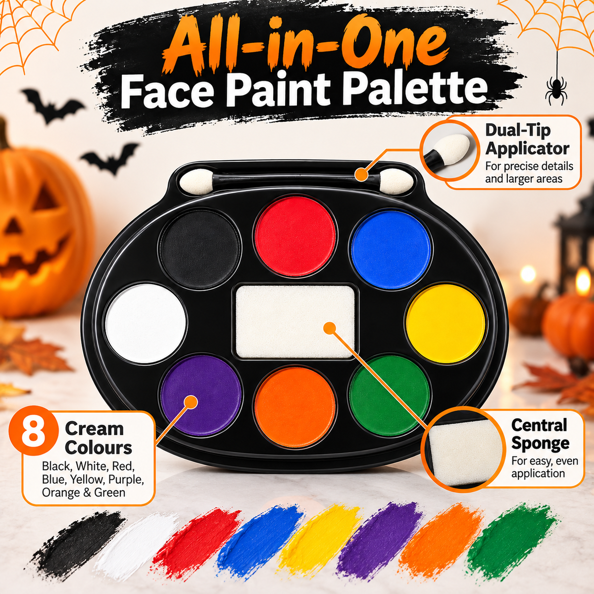 Halloween Face Paint Makeup Tray – 8 Colours | Face Painting Palette for Fancy Dress, Costume Parties & Theatrical Makeup