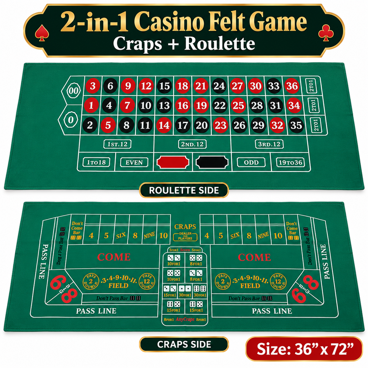 Craps Casino Dice & Roulette 2-in-1 Felt Game – 6 FT | Casino Table Game Mat for Casino Night Parties, Game Nights & Theme Events