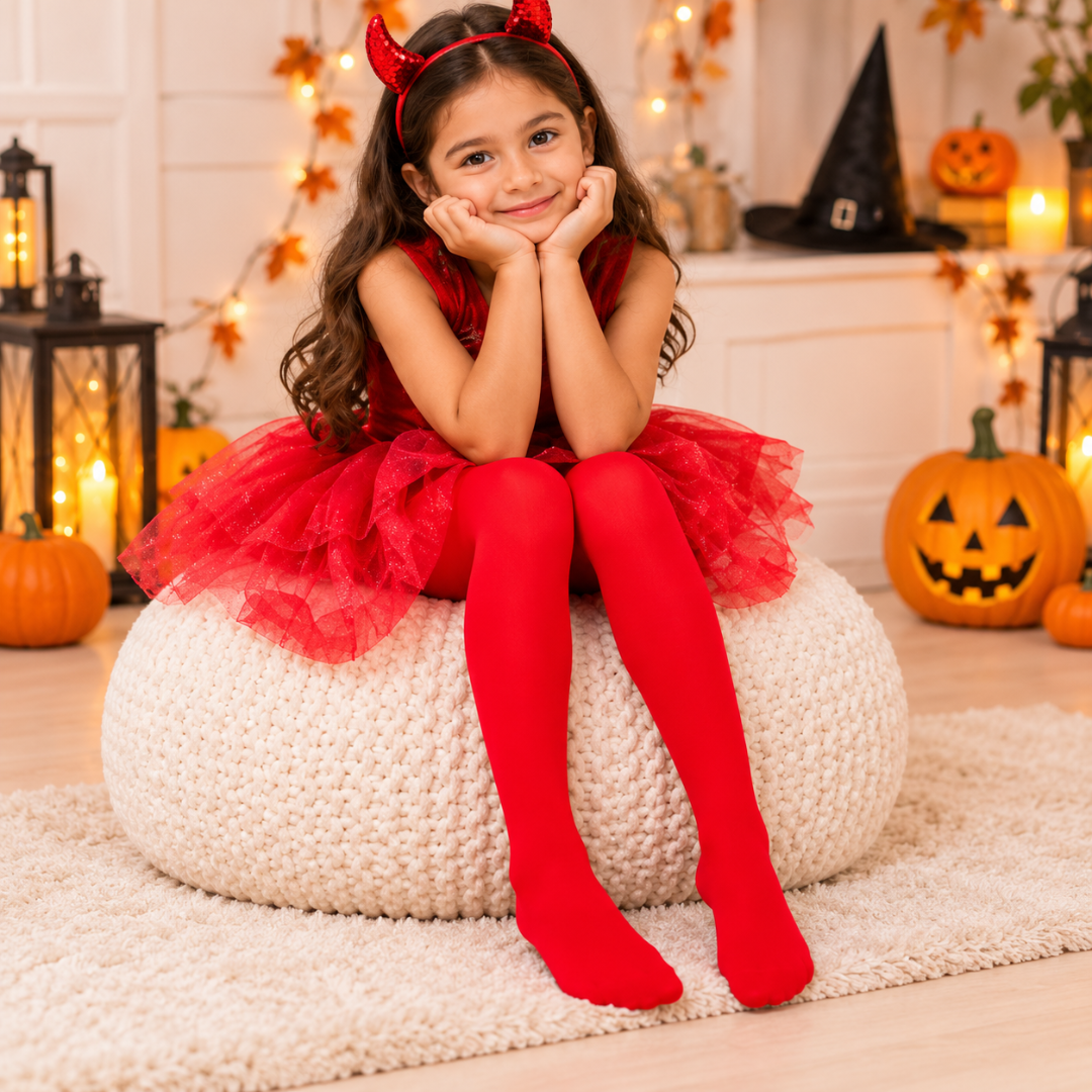Red Leggings for Kids – Size L | Solid Red Fancy Dress Legwear for Halloween Costumes, School Performances & Theme Parties