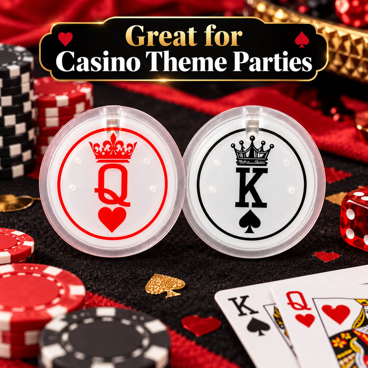 Casino King & Queen Light Up Buttons – Pack of 2 | LED Casino Party Badges for Couples, Casino Night, Fancy Dress & Theme Parties