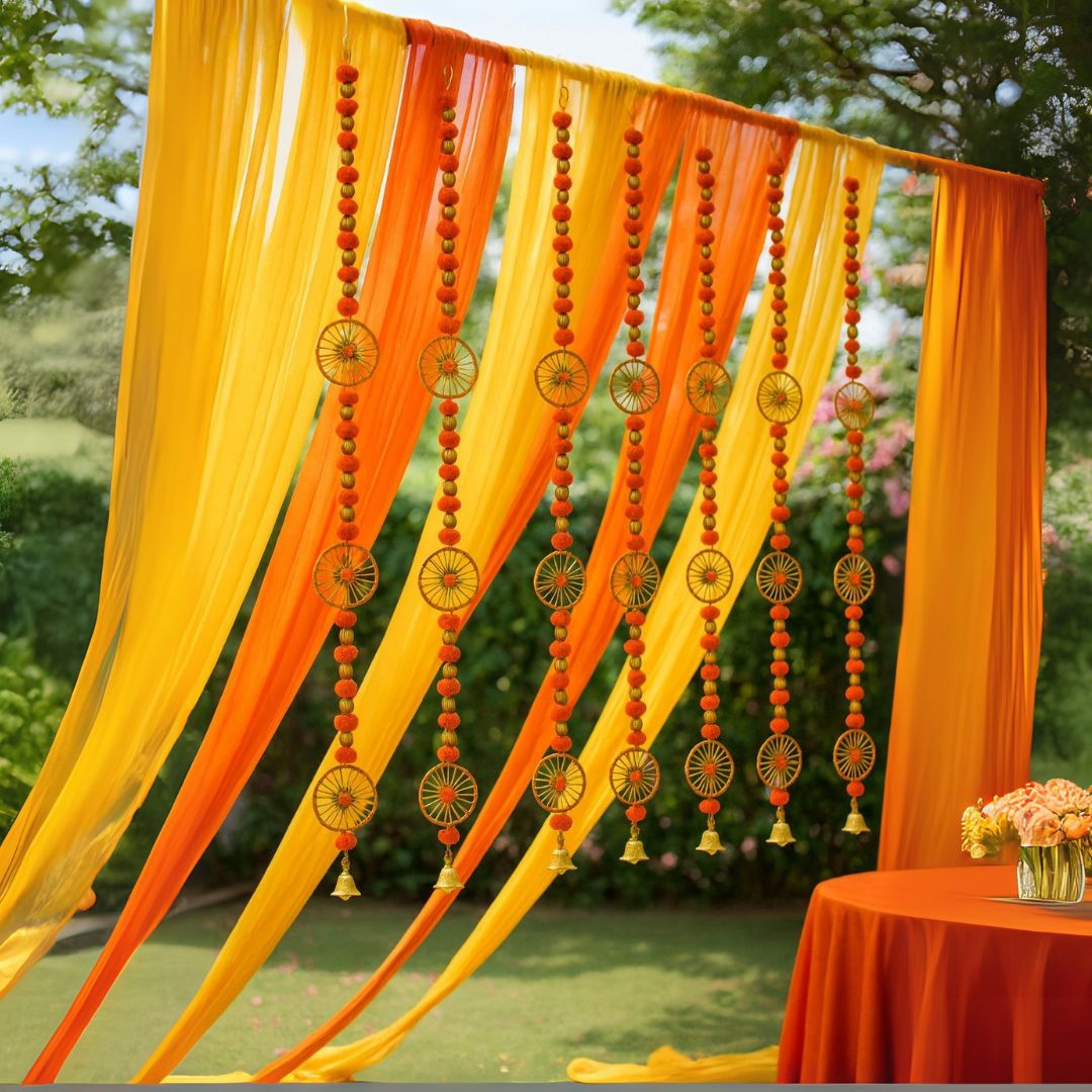 Artificial Orange Marigold Flower Hanging with Rings and Bell Hanging - 2PC