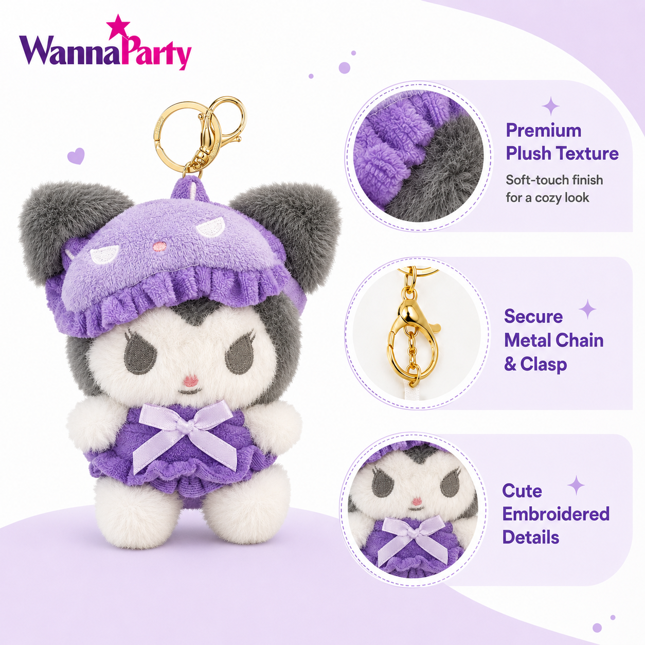 Cute Kawaii Kuromi Plush Keychain, Soft Black & White Character Bag Charm with Purple Outfit & Gold Metal Chain, Backpack, Handbag, Keys, Birthday Return Gift – 1PC