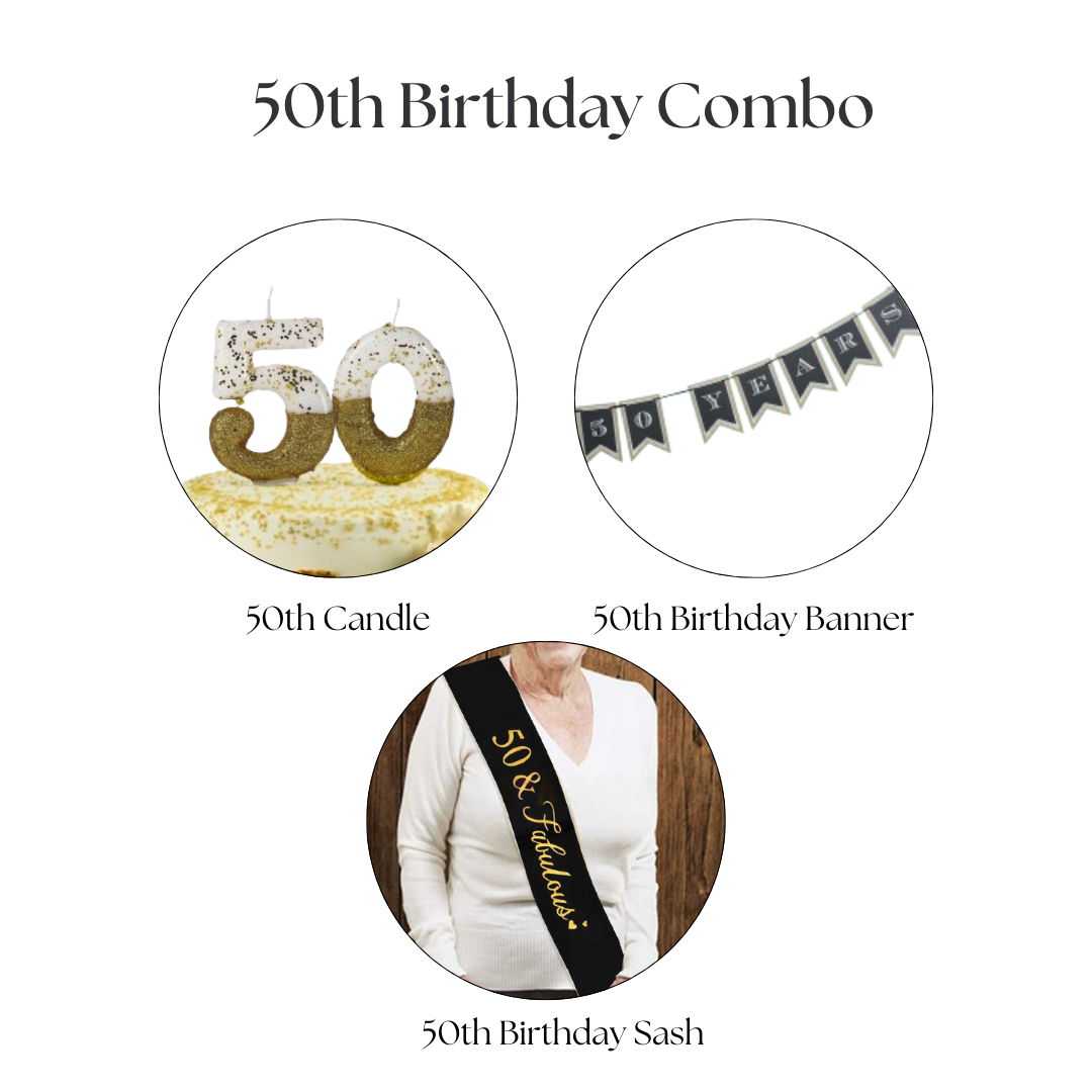 Happy 50th Birthday Decor Black & Golden Hanging Banner, Sash & Candle - 3PC