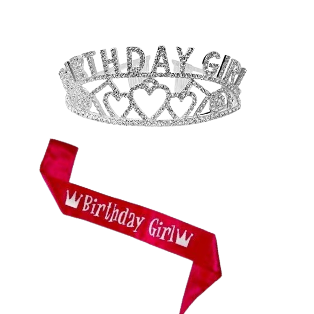 Birthday Girl Tiara with Happy Birthday Pink Satin Sash Combo - 2PC Set