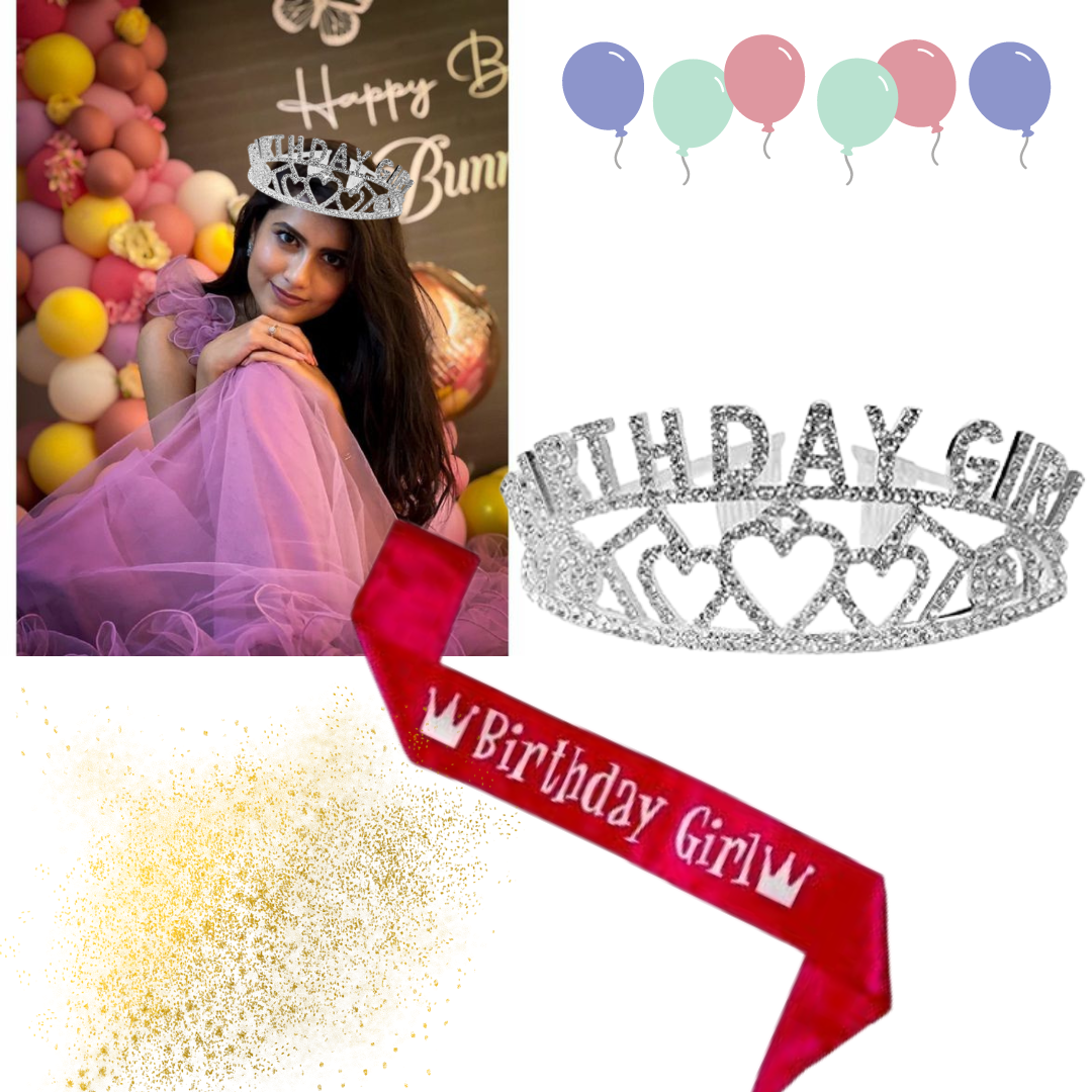 Birthday Girl Tiara with Happy Birthday Pink Satin Sash Combo - 2PC Set