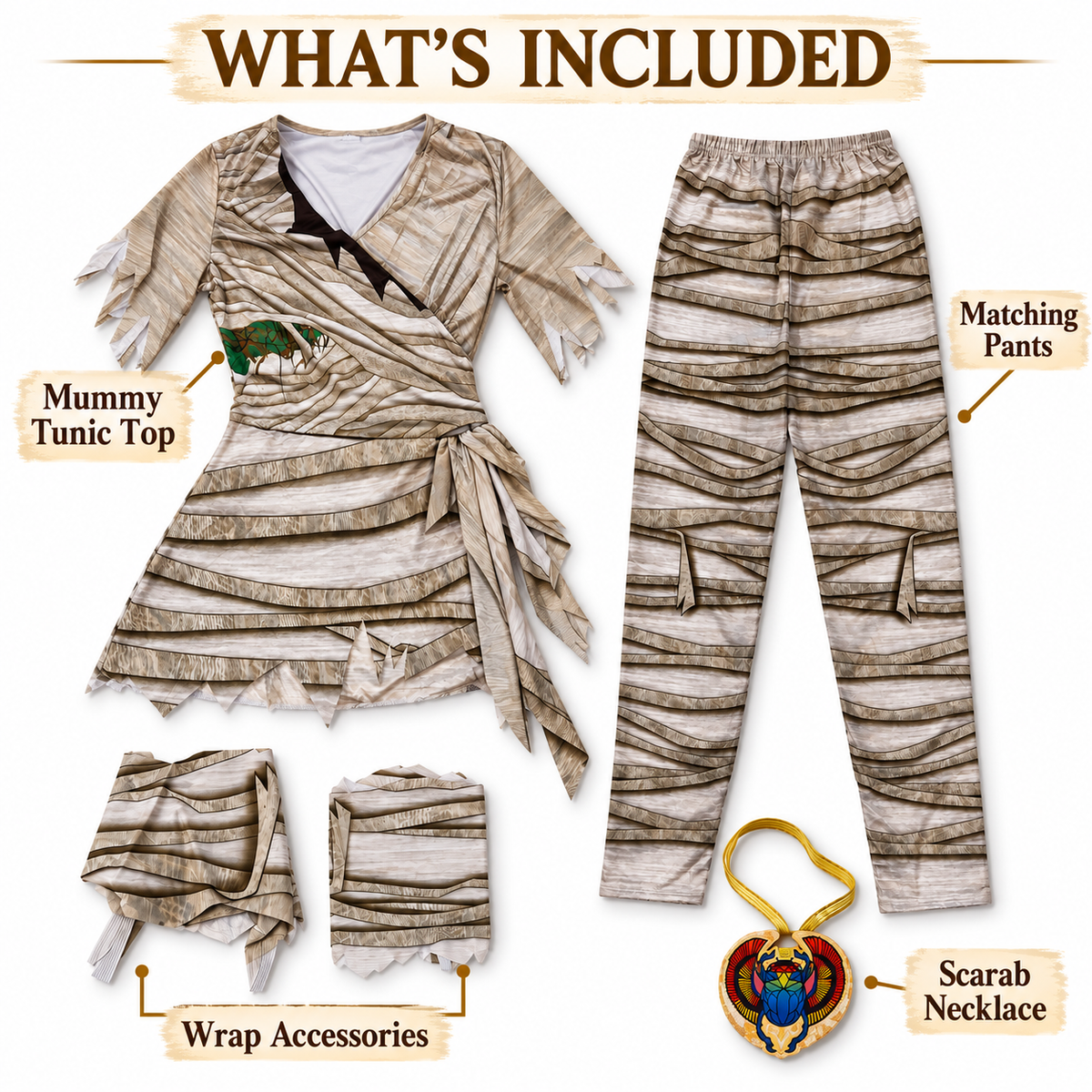 Egyptian Mummy Stretchable Costume for Adults | Ancient Egypt Halloween Fancy Dress for Spooky Theme Parties & Costume Events