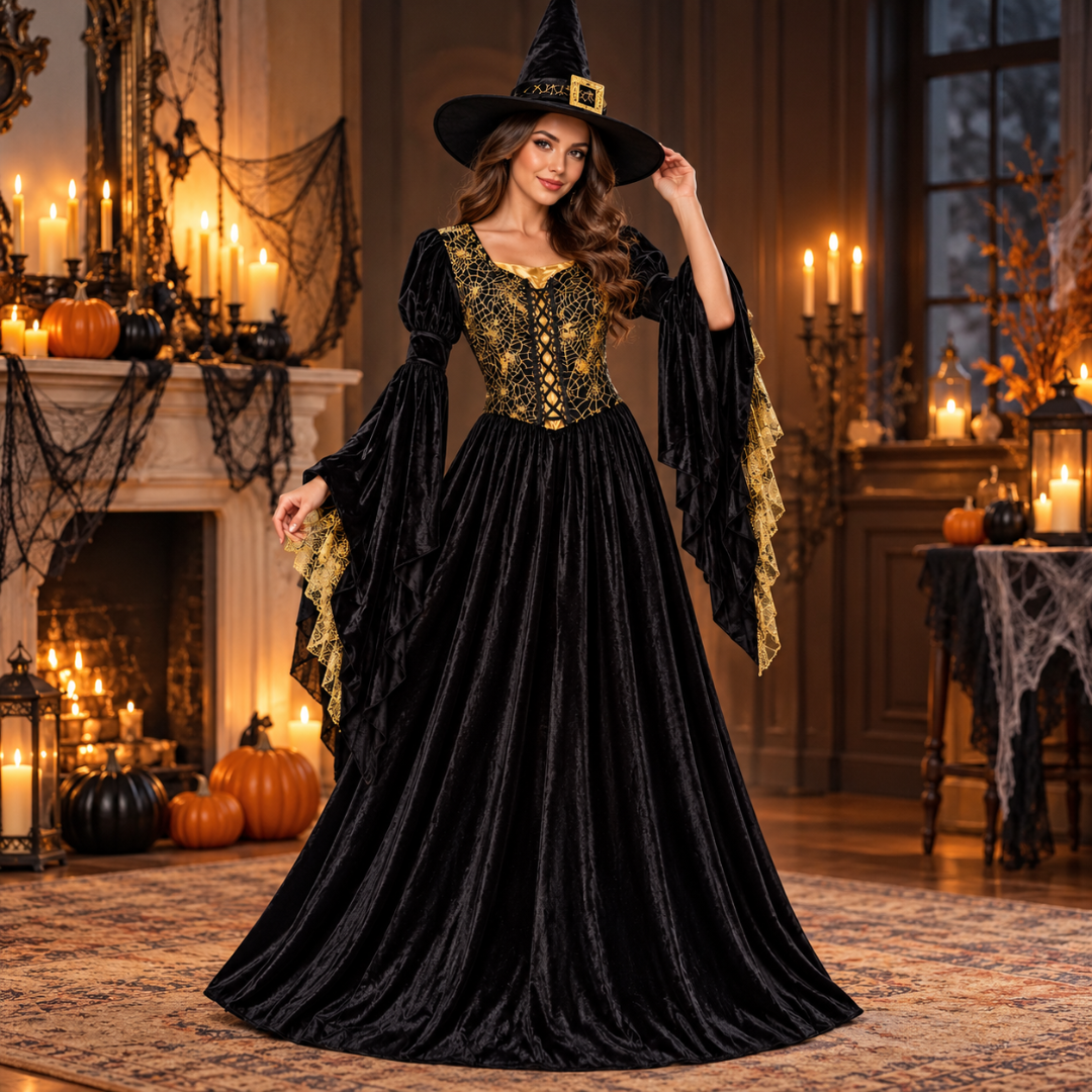 Golden Web Witch Costume for Women | Spider Web Inspired Halloween Fancy Dress for Witch Theme Parties & Costume Events