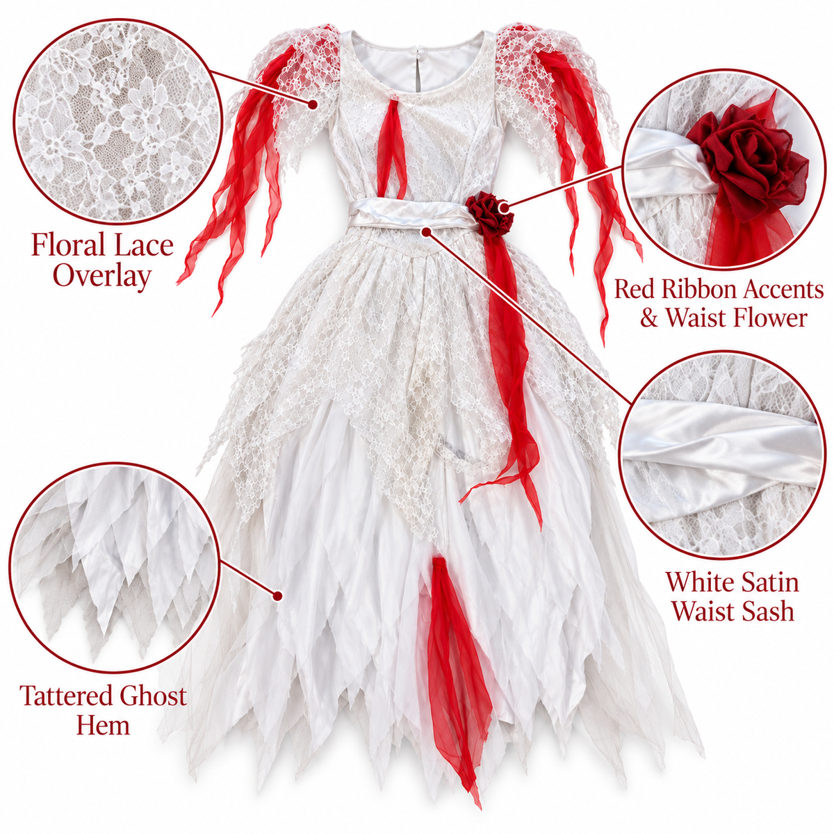 Haunted Ghost Costume for Women | White & Red Halloween Fancy Dress with Lace Detailing & Flowing Tattered Dress