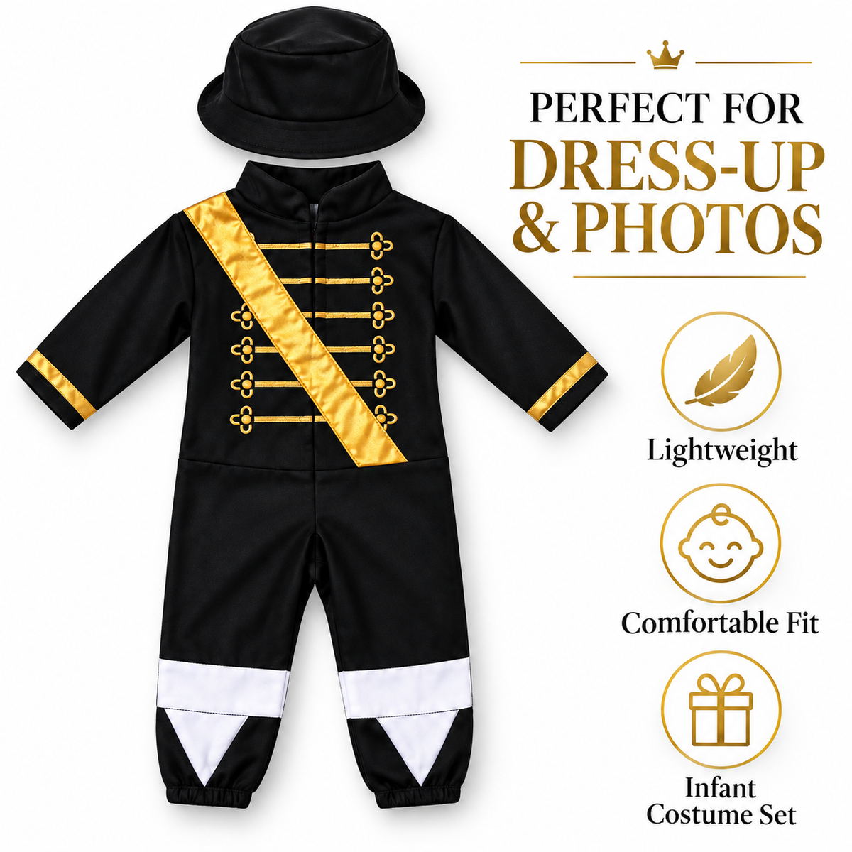 EZ-On Retro Pop Star Infant Romper Costume | Black & Gold Musician Fancy Dress with Matching Hat for Babies