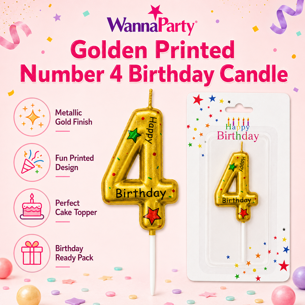 Golden Color Happy Birthday Printed Candle Number 4