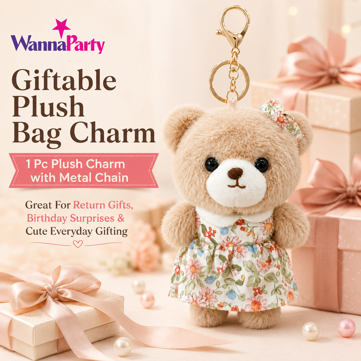 Teddy Bear Plush Keychain, Cute Soft Bear Bag Charm with Floral Dress | Gold Metal Chain, Backpack, Handbag, Keys, Birthday Return Gift & Party Favor – 1PC