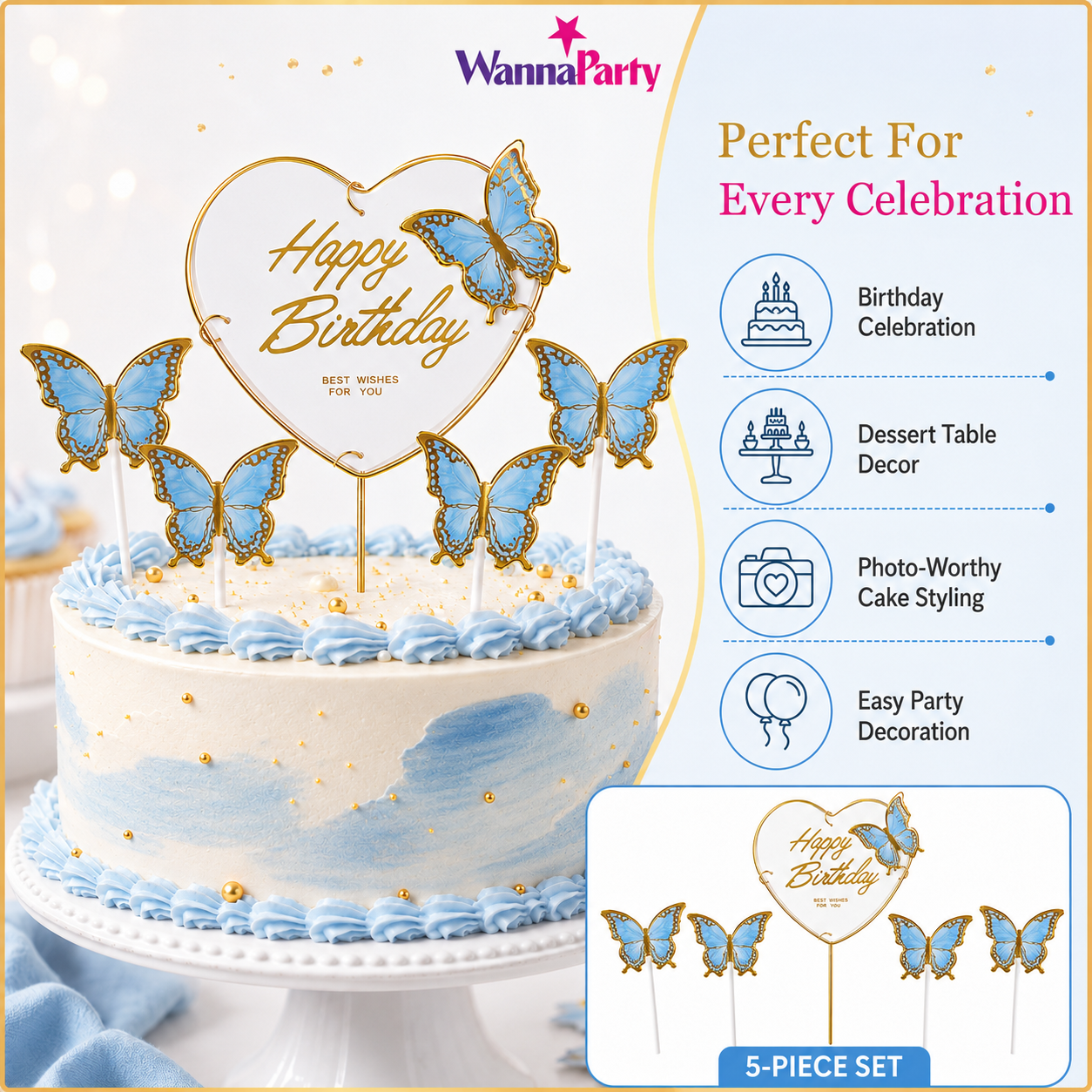 Happy Birthday Cake Topper with Blue Butterflies - 5PC