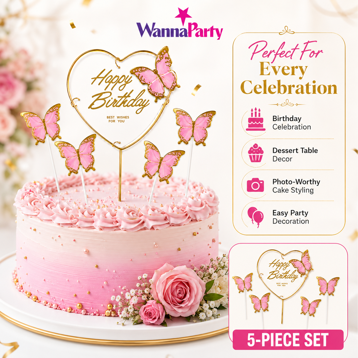 Happy Birthday Cake Topper with Pink Butterflies - 5PC