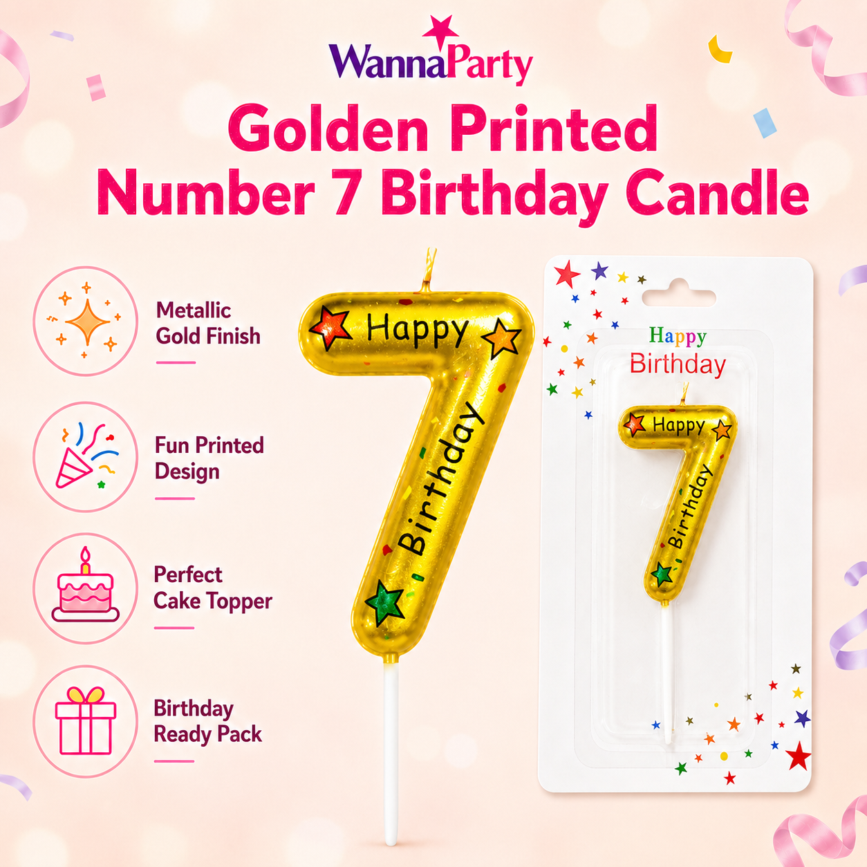 Golden Color Happy Birthday Printed Candle Number 7