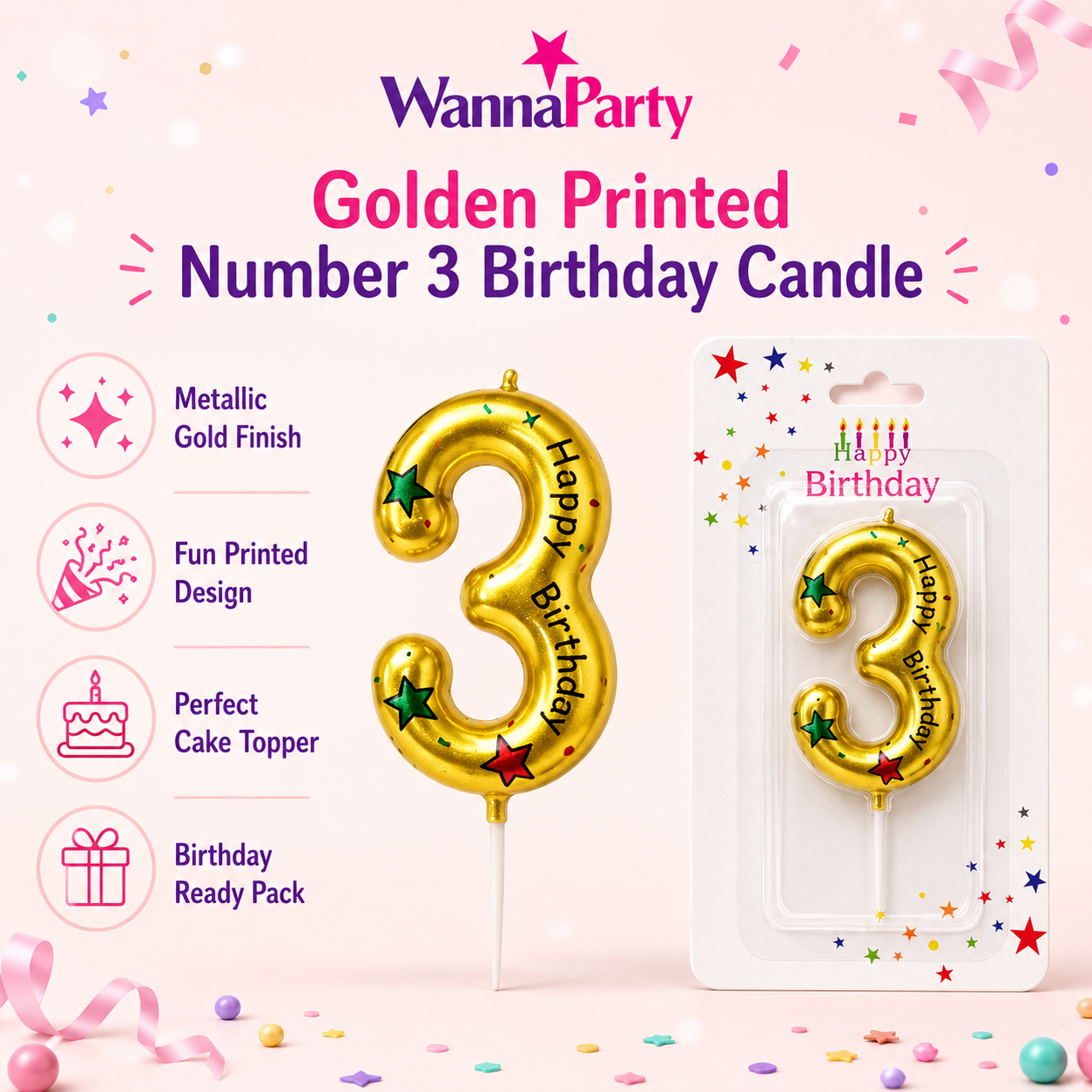 Golden Color Happy Birthday Printed Candle Number 3