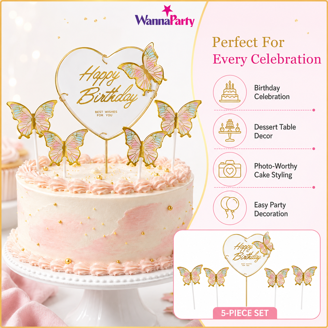 Happy Birthday Cake Topper with Multicolor Butterflies - 5PC