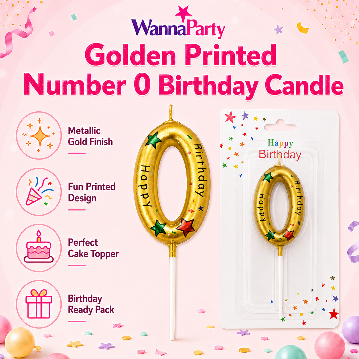 Golden Color Happy Birthday Printed Candle Number 0