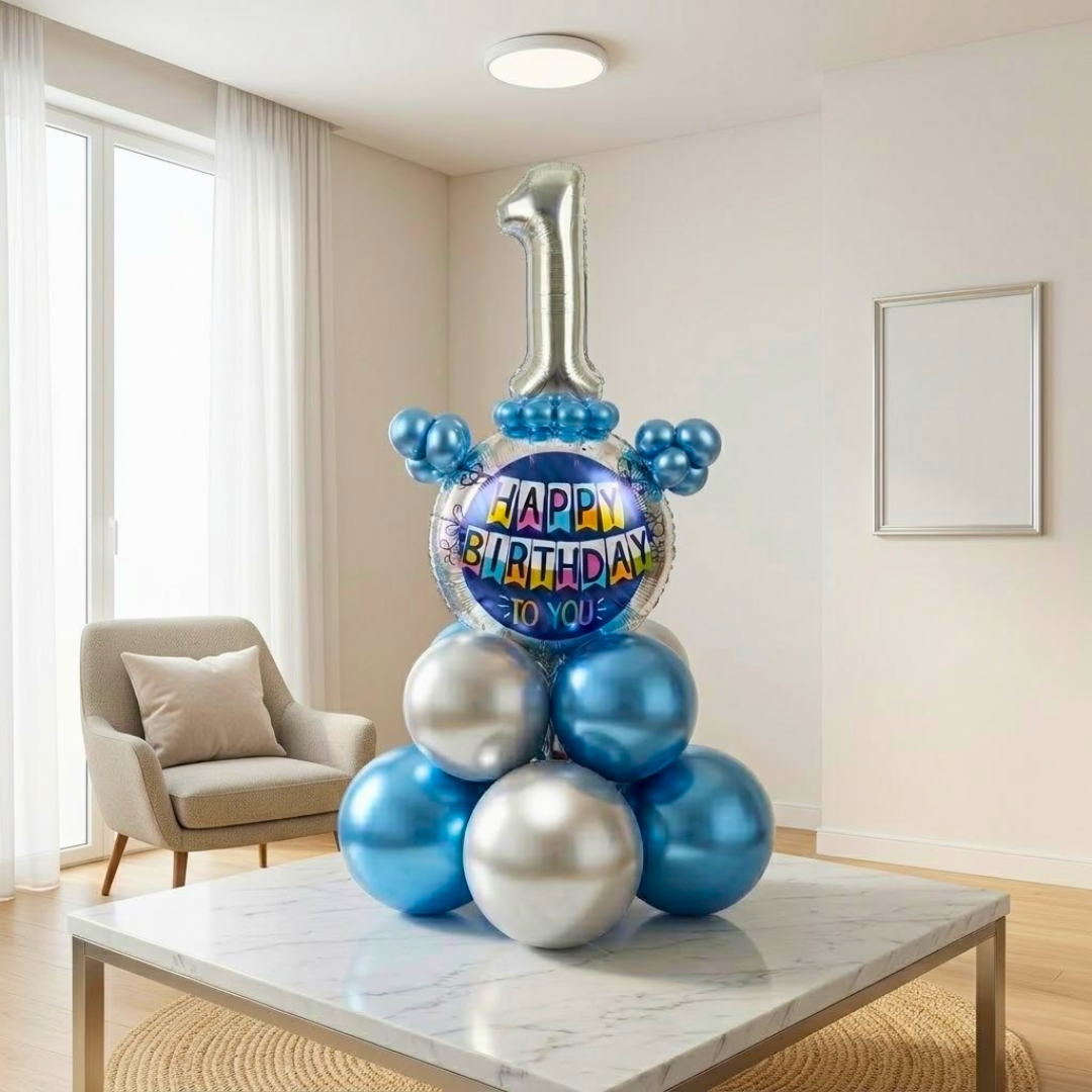 Designer Blue & Silver Balloon Bouquet Arrangement for 1st Birthday