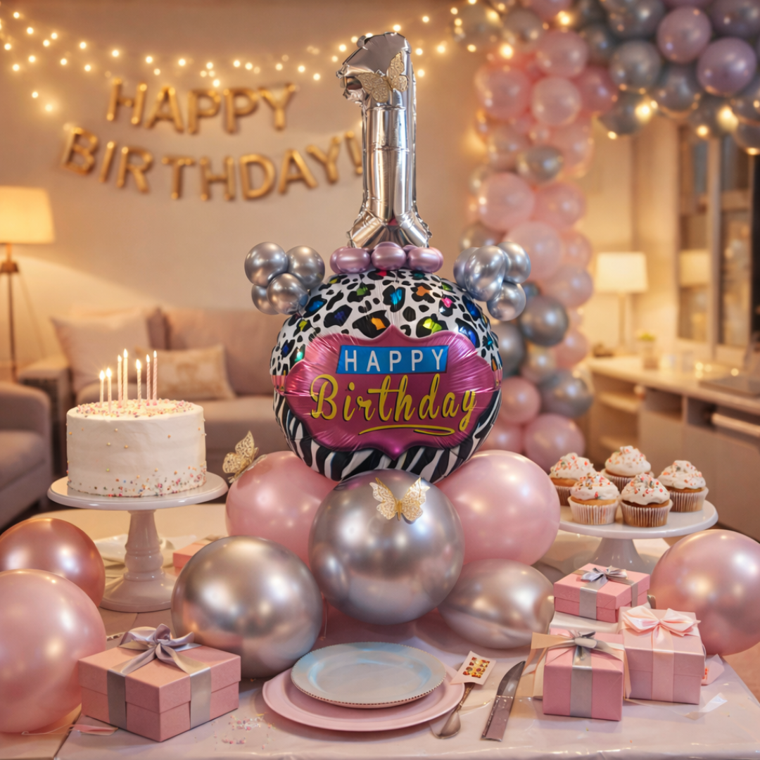 Designer Pink & Silver Balloon Bouquet Arrangement with 3D Butterflies for 1st Birthday