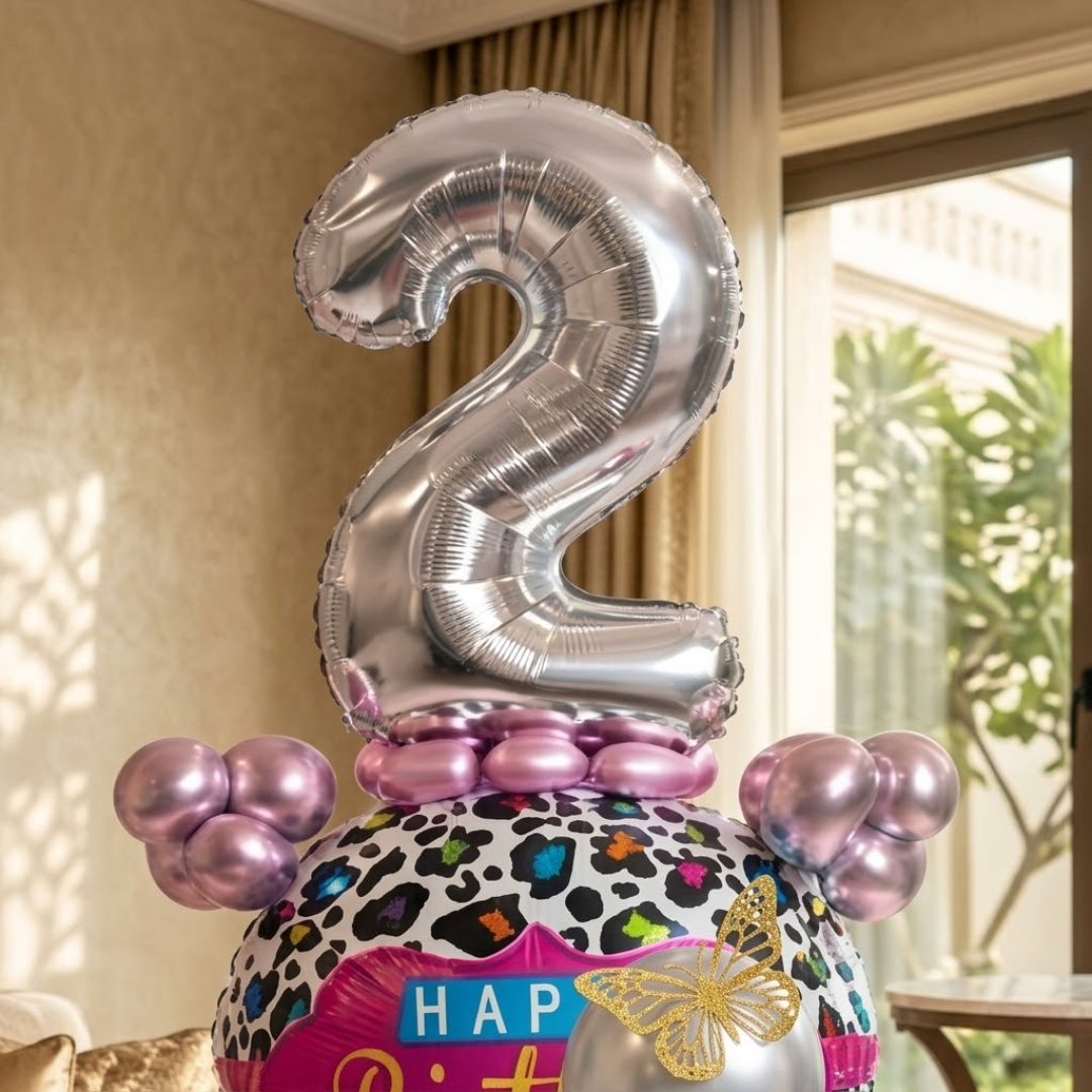 Designer Pink & Silver Balloon Bouquet Arrangement with 3D Butterflies for 2nd Birthday