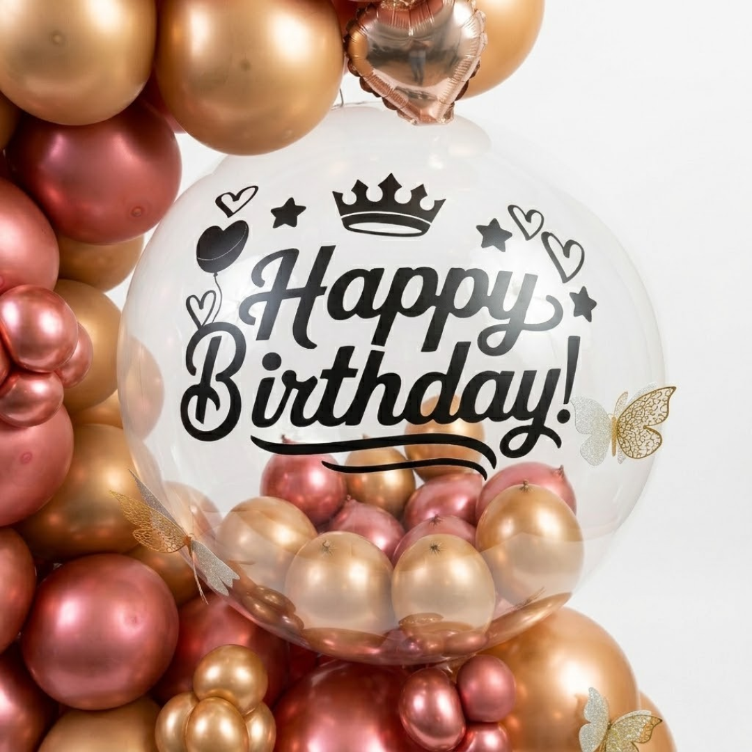 Designer Rose Gold & Pink Balloon Bouquet Arrangement with Transaprent Round Bobo Balloon & 3D Butterflies