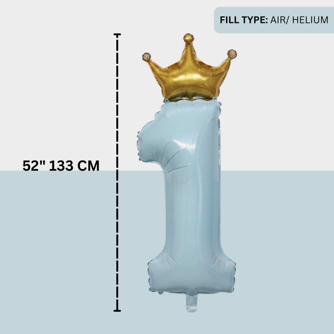 1st Birthday Pastel Blue Foil Balloon with Golden Crown 52"-1PC