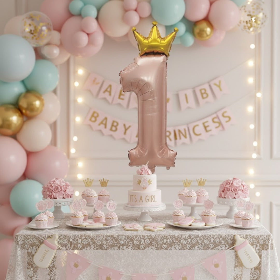 1st Birthday Pastel Pink Foil Balloon with Golden Crown 52"-1PC