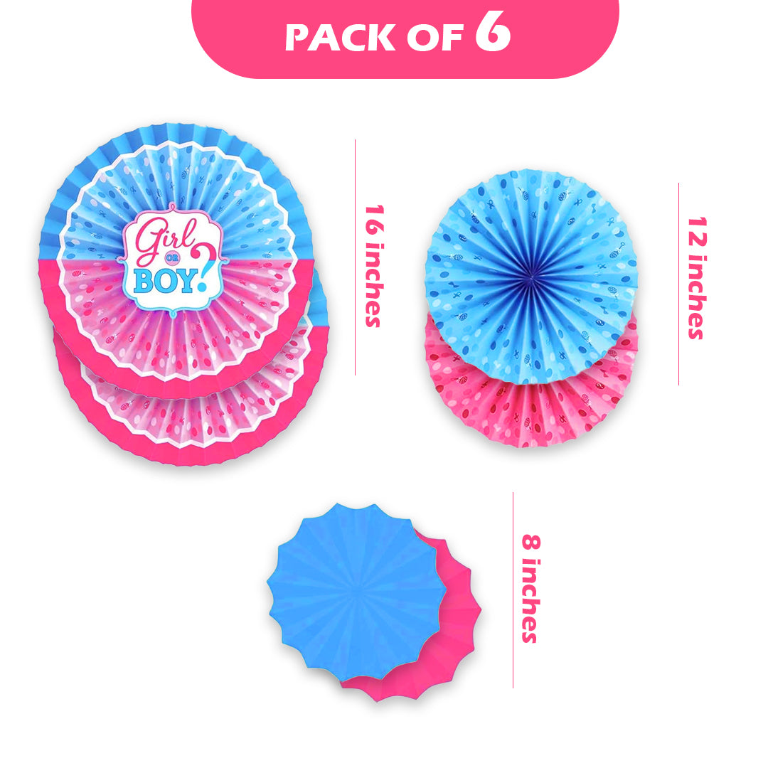 Baby Shower Pink & Blue Paper Fans - 6PC