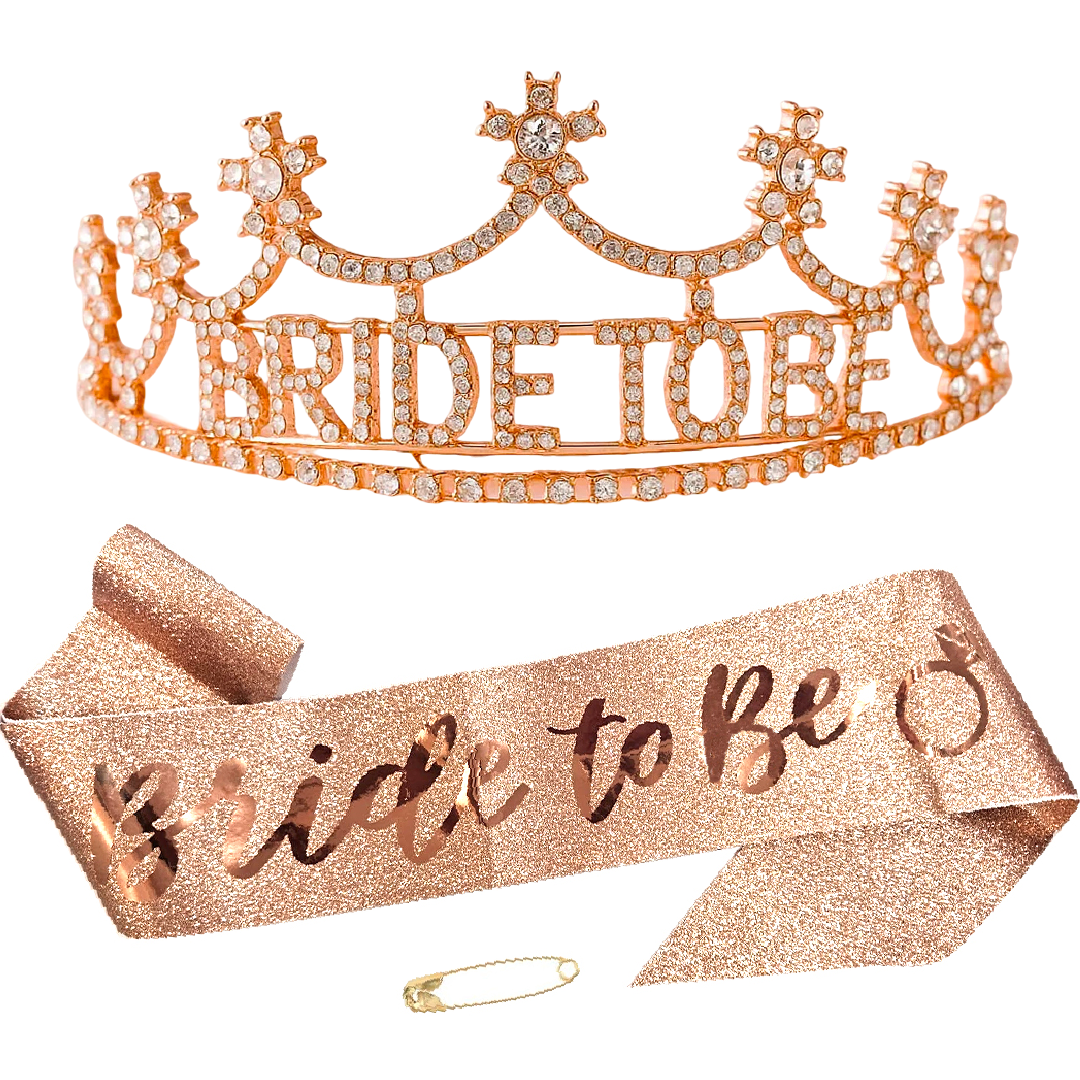 Bride to Be Sash & Crystal Rhinestone Rose Gold Birthday Headband Combo Set - 2PC