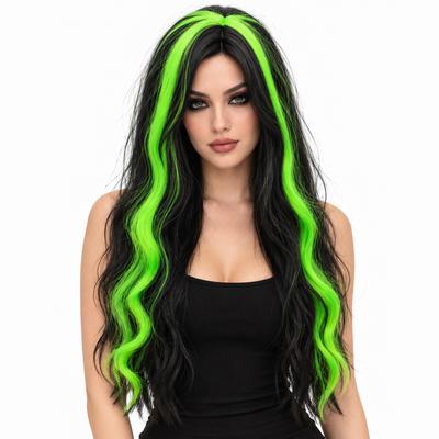 Black & Green Long Witch Wig for Halloween | Two-Tone Fancy Dress Wig for Witch Costumes, Cosplay & Theme Par