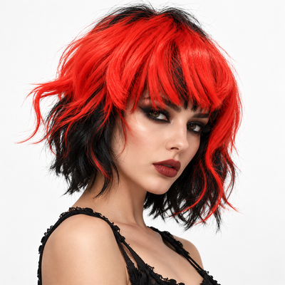 Red & Black Cosplay Wig | Two-Tone Fancy Dress Hair Wig for Halloween, Anime-Inspired Costumes & Theme Parties