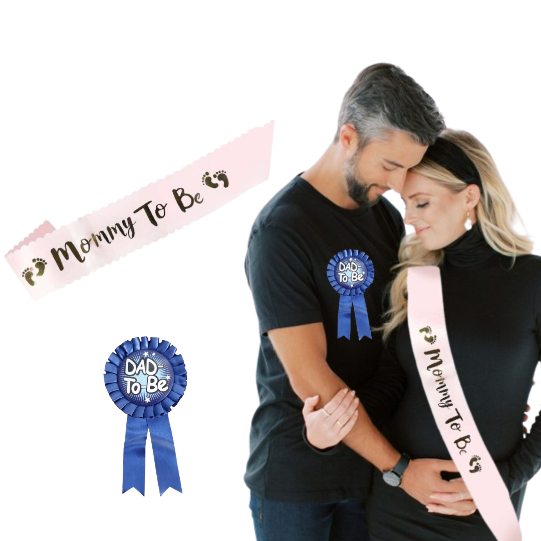Dad To Be Blue Award Button w/ Mommy To Be Pink Satin Sash Combo - 2PC