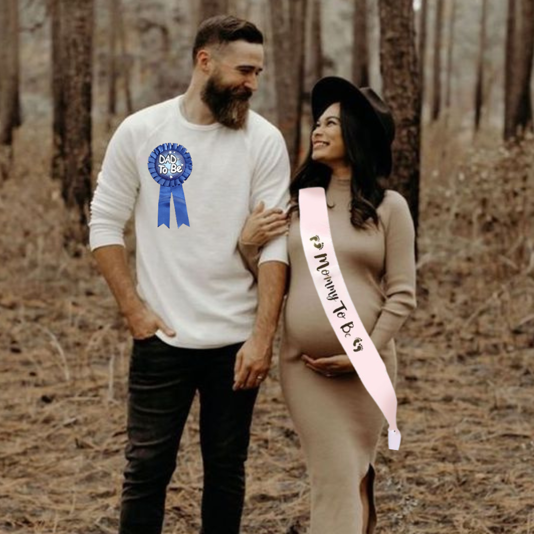Dad To Be Blue Award Button w/ Mommy To Be Pink Satin Sash Combo - 2PC