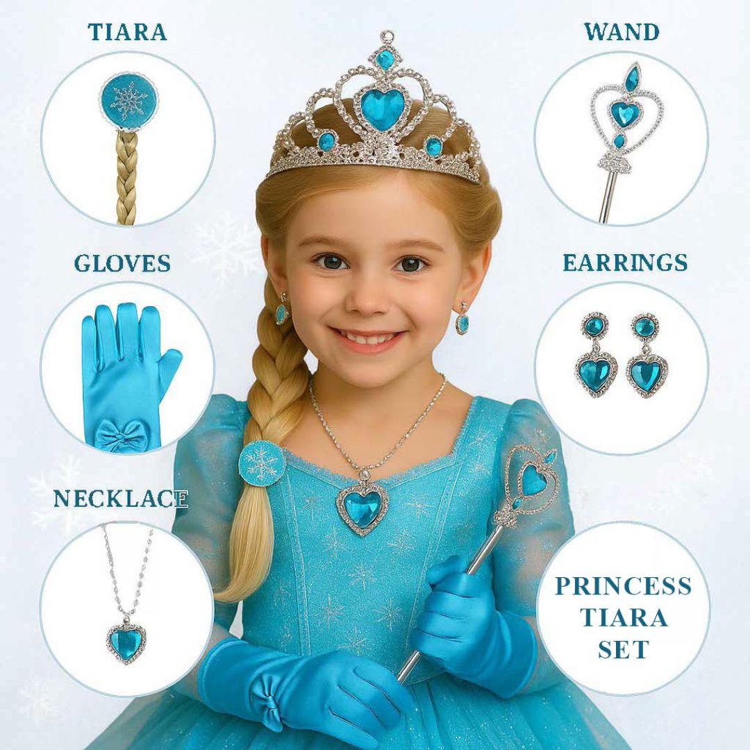Frozen Gloves, Tiara, Wand, Necklace, Earrings Set - 5PC