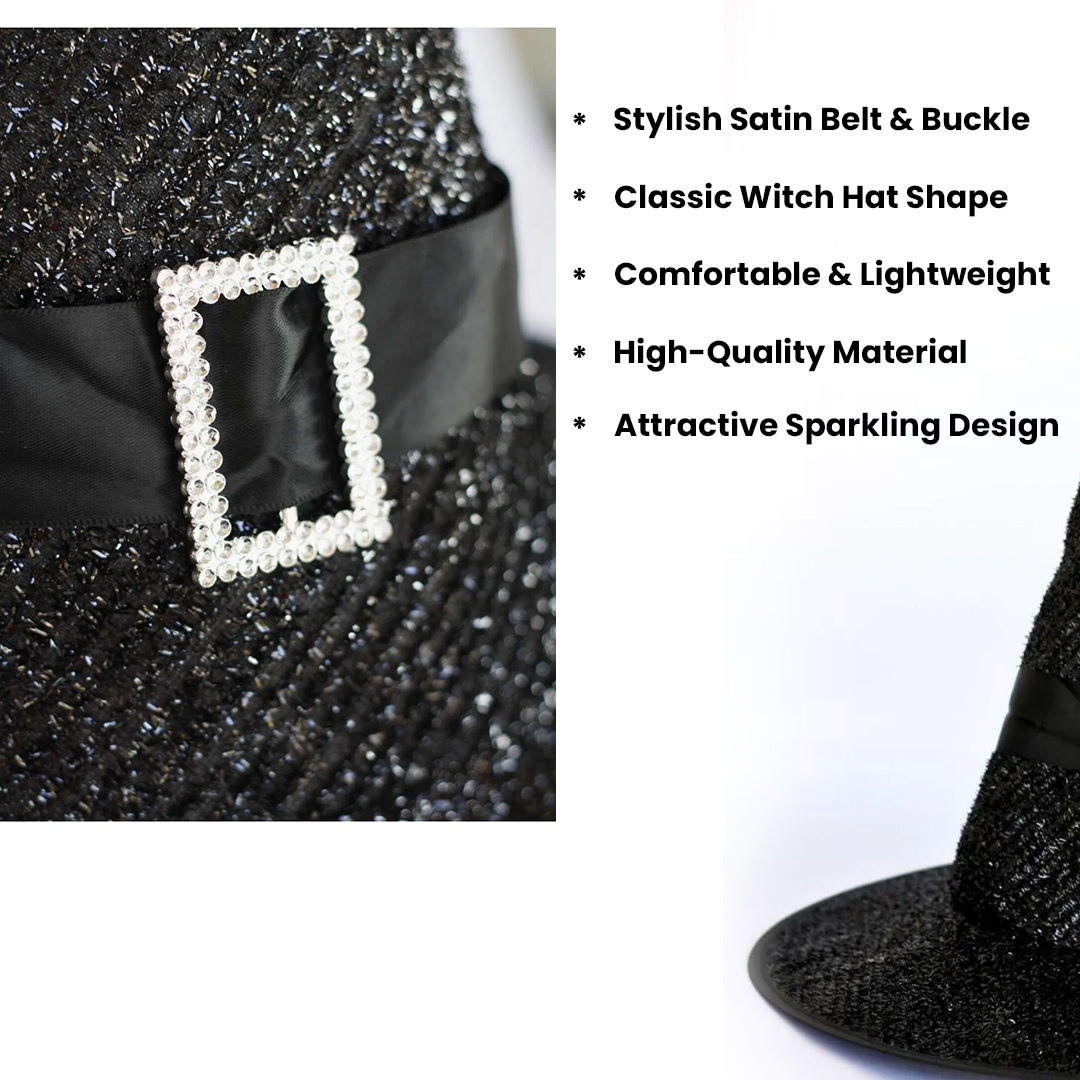 Black Fancy Witch Hat with Glitter For Halloween - 1PC