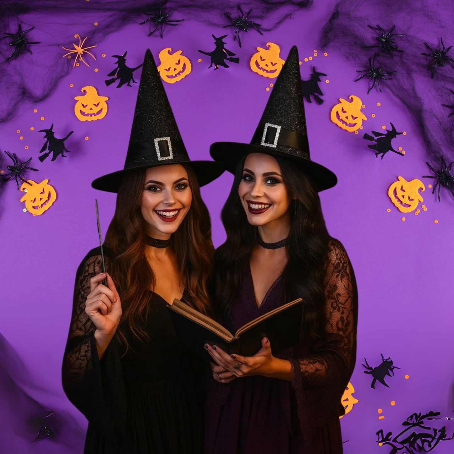 Black Fancy Witch Hat with Glitter For Halloween - 1PC