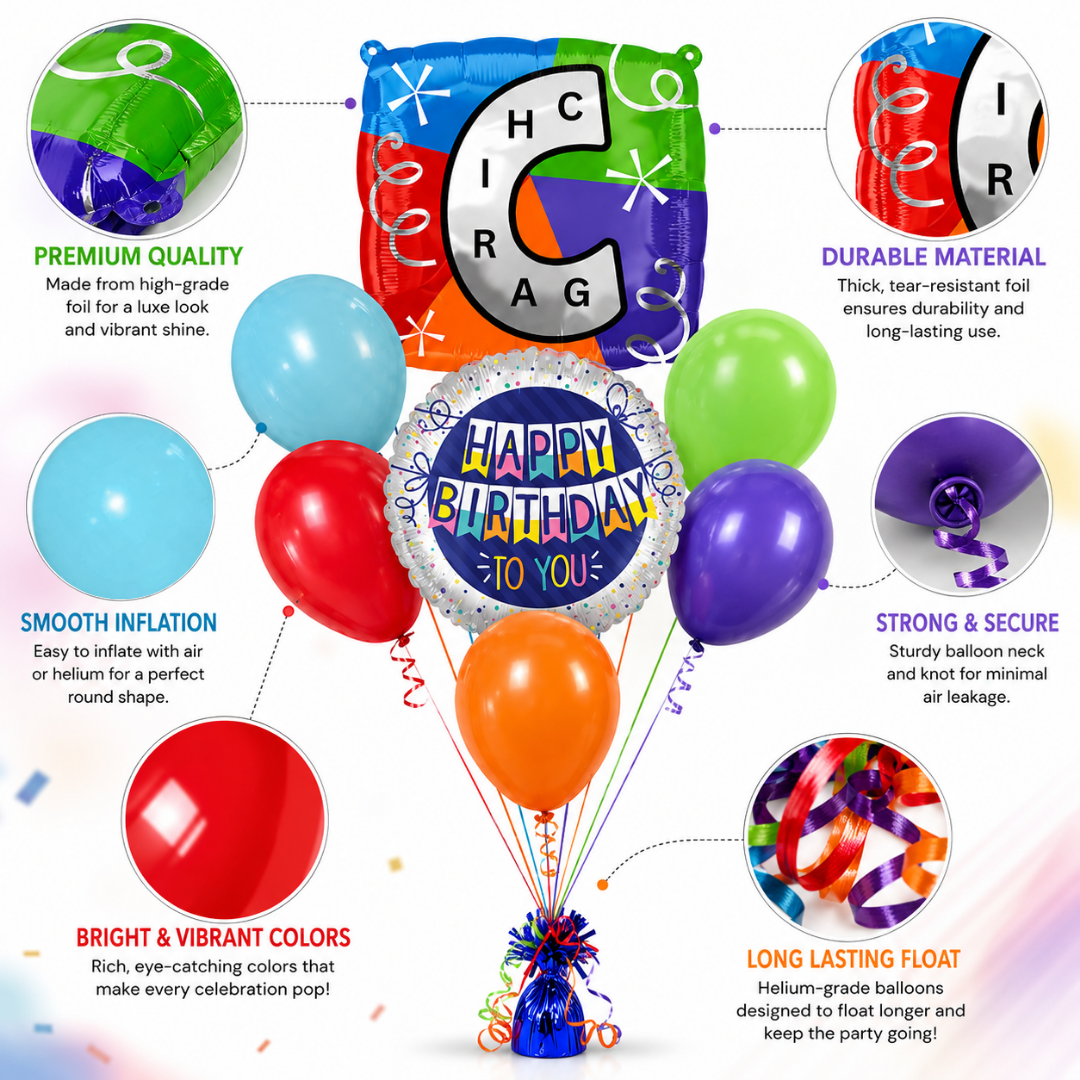 Customizable Alphabet "C" Square Shaped Balloon with Customized Name Stickers Bouquet Set of 7PC | Customizable Name Inital Balloons| Choose Your Name | Helium Filled & Delivers Inflated